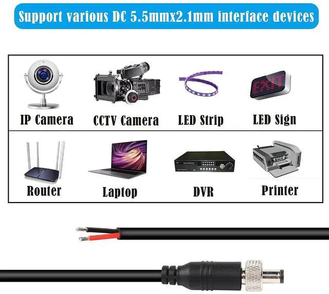 Alt view image 3 of 7 - Anti-Dropout DC Power Pigtail Cable 16AWG with Nut DC5.5mmx2.1mm Male Plug to Open Bare Wire Power Cord for Outdoor Security Camera, CCTV, DVR, etc(1.64 FT)