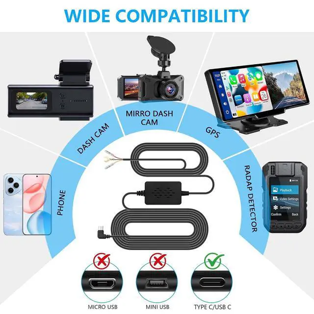 Alt view image 3 of 7 - 3.3m/10.82in Car Recorder Hardwired Kit USB C Port Type-C USB Hard Wired with Fuse 12V-24V to 5V for Driving Recorder, GPS Power Supply, Radar Detector, etc