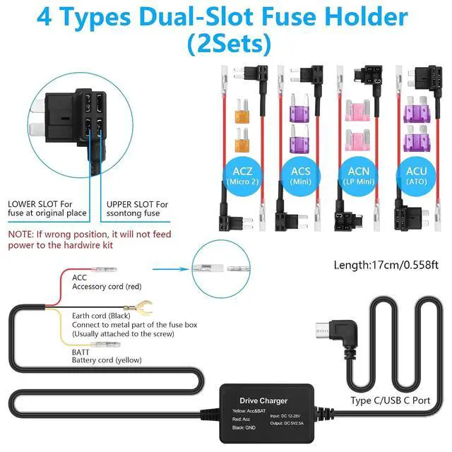 Alt view image 4 of 7 - 3.3m/10.82in Car Recorder Hardwired Kit USB C Port Type-C USB Hard Wired with Fuse 12V-24V to 5V for Driving Recorder, GPS Power Supply, Radar Detector, etc