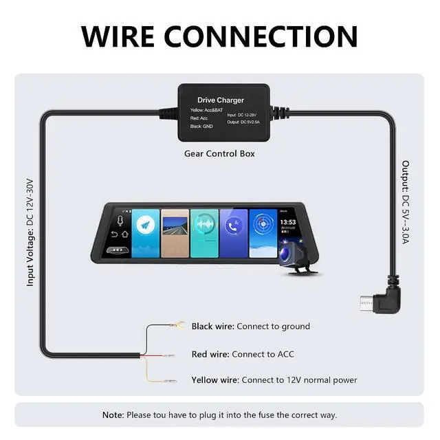 Alt view image 7 of 7 - 3.3m/10.82in Car Recorder Hardwired Kit USB C Port Type-C USB Hard Wired with Fuse 12V-24V to 5V for Driving Recorder, GPS Power Supply, Radar Detector, etc