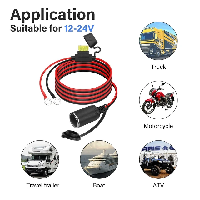 Alt view image 6 of 7 - 12V Car Female Cigarette Lighter to O Ring Terminal Extension Cable Cigarette Lighter Socket with Blade Fuse Replacement Waterproof Plug for Car Marine Truck ATV RV (6.56FT)