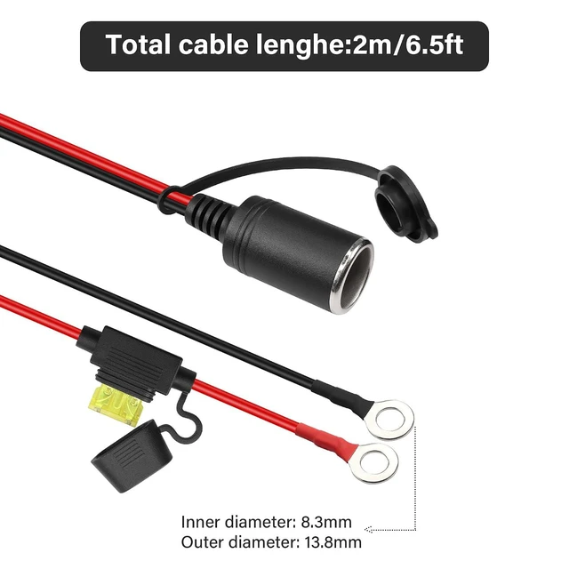Alt view image 7 of 7 - 12V Car Female Cigarette Lighter to O Ring Terminal Extension Cable Cigarette Lighter Socket with Blade Fuse Replacement Waterproof Plug for Car Marine Truck ATV RV (6.56FT)