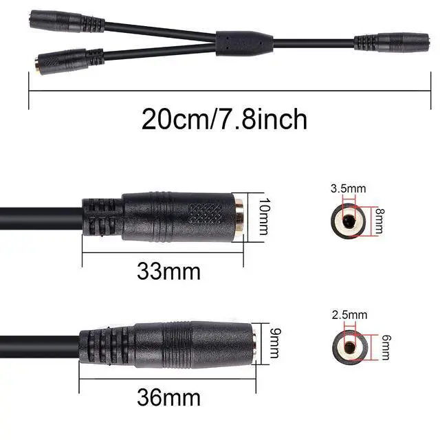 Alt view image 6 of 6 - 20cm 3.5mm Y-Type Audio Cable, 2.5mm & 3.5mm Female Audio Jacks, Black, Durable PVC, Compatible with Headphones, Speakers, Mobile Phones, Laptops, Microphones, Mixers