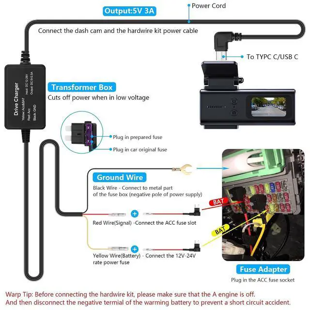 Alt view image 2 of 7 - 3.3m/10.82in Car Recorder Hardwired Kit USB C Port Type-C USB Hard Wired with Fuse 12V-24V to 5V for Driving Recorder, GPS Power Supply, Radar Detector, etc