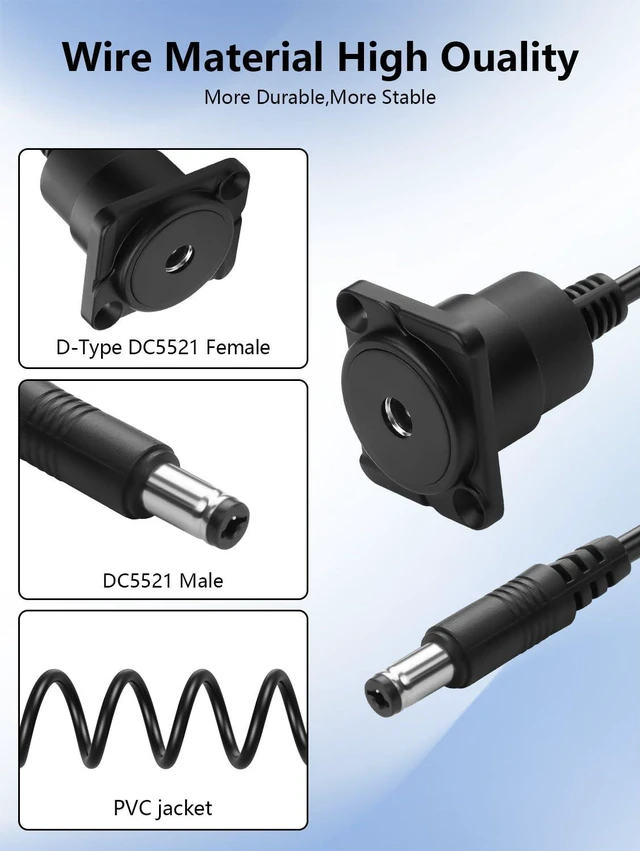 Alt view image 3 of 6 - D-Type DC Panel Mount Power Extension Cable5.5x2.1mm Female to Male 12V 24V Cord for 86 Wall Plate, Ground Socket, Electronic Scale, LED Strip, CCTV, Router