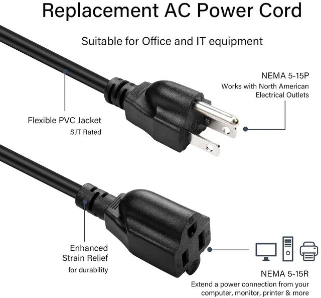 Alt view image 2 of 7 - NEMA 5-15P to NEMA 5-15R Extension Cord 13A 125V, 16AWG Heavy Gauge Extension Power Cable for Servers, Desktop Computers, Monitors, Printers 35cm