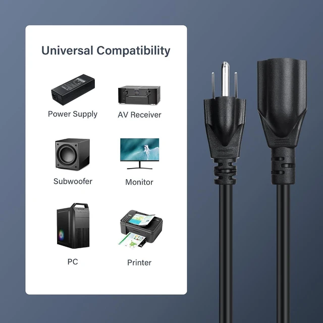 Alt view image 5 of 7 - NEMA 5-15P to NEMA 5-15R Extension Cord 13A 125V, 16AWG Heavy Gauge Extension Power Cable for Servers, Desktop Computers, Monitors, Printers 35cm
