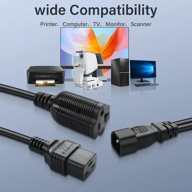 Alt view image 5 of 7 - IEC C14 Male to C19 + 5-20R Power Cord Y Splitter Power Wire Line for Servers, Network Switches and More 35cm