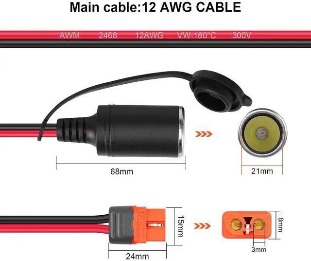 Alt view image 3 of 7 - 12AWG Cigarette Lighter Female Plug to XT60I-F Plug Power Cable DC12V/24V Cigarette Lighter Female Plug to XT60I-F Female Plug Power Cable for Car Refrigerators,Balance Chargers etc(5FT)