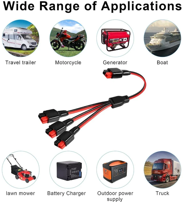 Alt view image 5 of 7 - 45A Connector One to Three Power Cable Main Cable 12AWG Branch Cable 14AWG 45A Connector One in Three Out Power Cable for Batteries, Portable Charging Stations, Caravans etc(13 Inch)