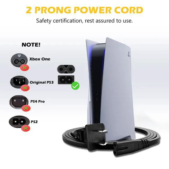 Alt view image 2 of 7 - 2 Prong AC Power Cord for Sony PS5 PS4 PS3 Slim Replacement, 3 Ft
