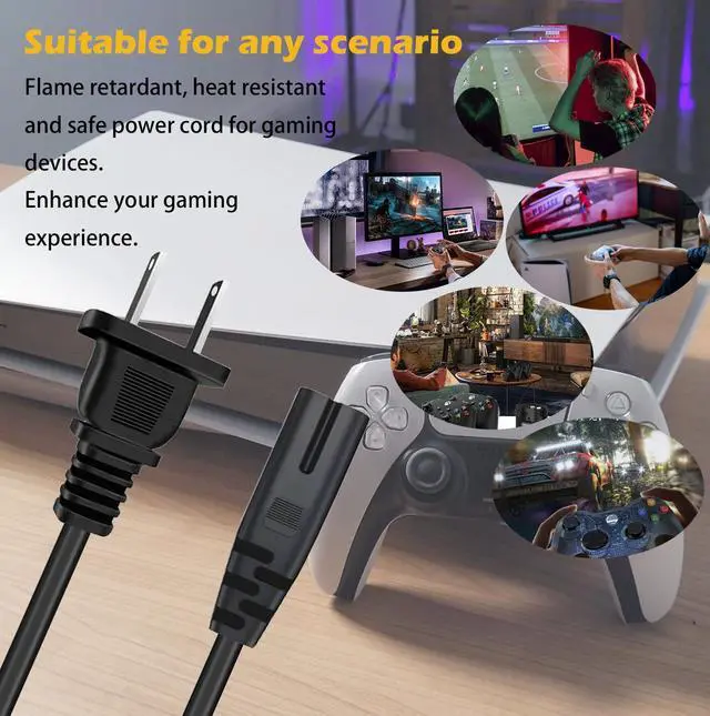 Alt view image 4 of 7 - 2 Prong AC Power Cord for Sony PS5 PS4 PS3 Slim Replacement, 3 Ft
