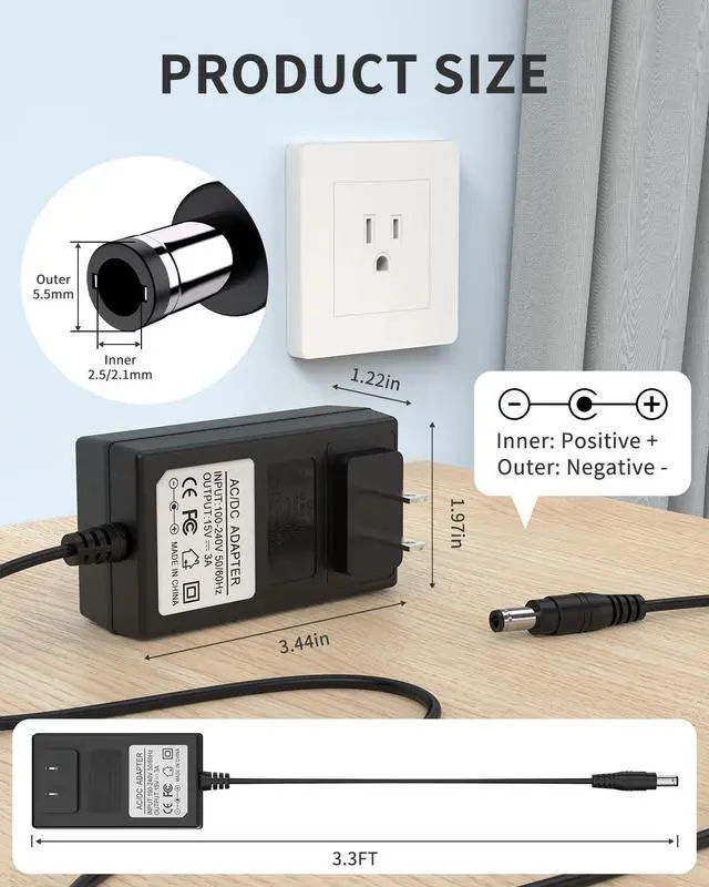 Alt view image 3 of 6 - 15V 3A Power Supply Adapter Charger Switching Converter Adapter, (Input AC 100V-240V, Output DC 15 Volt 3 Amp 45 Watt), Round Barrel Plug 5.5mm x 2.1mm & 2.5mm Tip Center Positive - 3.3ft Long Cord