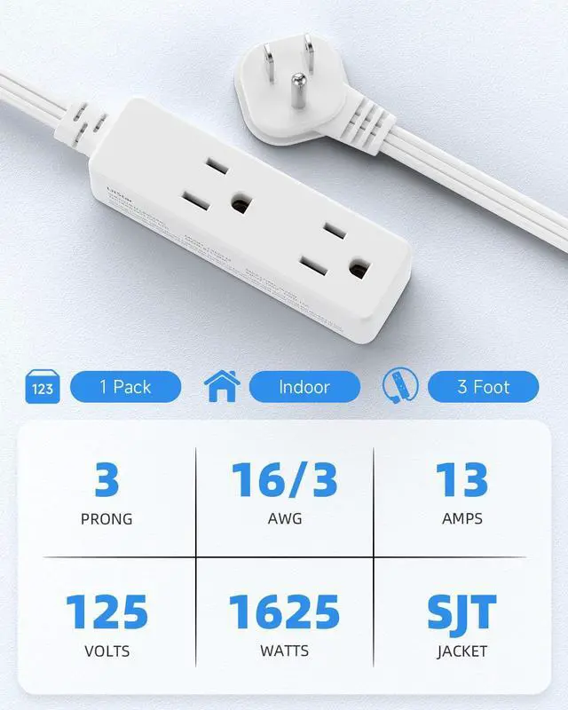 Alt view image 4 of 7 - Flat Plug Extension Cord with 3 Outlets - 3 ft White Low Profile Indoor 3 Prong Grounded Power Strip - 16/3 AWG, 13A/1625W for Indoor Cable Organization & Space-Saving