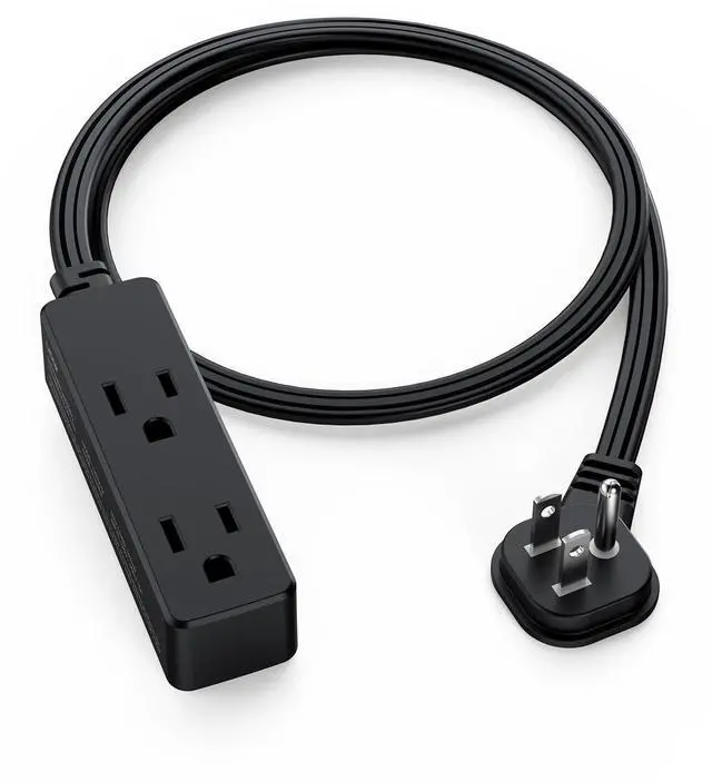 Main image of Flat Plug Extension Cord with 3 Outlets - 3Ft Low Profile Indoor 3 Prong Grounded Power Strip for Home Office & Travel - 16 AWG 13A/1625W, Black