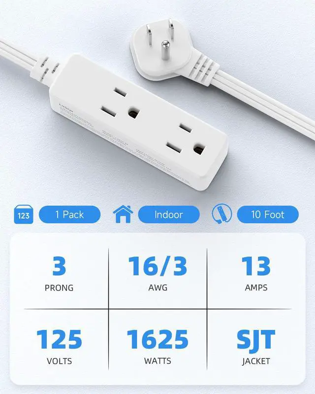 Alt view image 3 of 7 - Flat Plug Extension Cord with 3 Outlets - 10 ft White Low Profile Indoor 3 Prong Grounded Power Strip for Home Office & Travel - 16/3 AWG, 13A/1625W