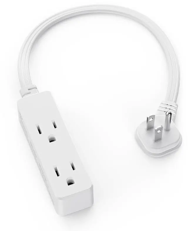 Main image of Flat Plug Extension Cord with 3 Outlets - 1 ft White Low Profile Indoor 3 Prong Grounded Power Strip for Home Office & Travel - 16/3 AWG, 13A/1625W
