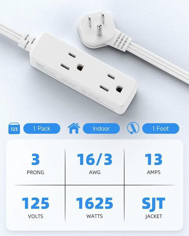 Alt view image 4 of 7 - Flat Plug Extension Cord with 3 Outlets - 1 ft White Low Profile Indoor 3 Prong Grounded Power Strip for Home Office & Travel - 16/3 AWG, 13A/1625W