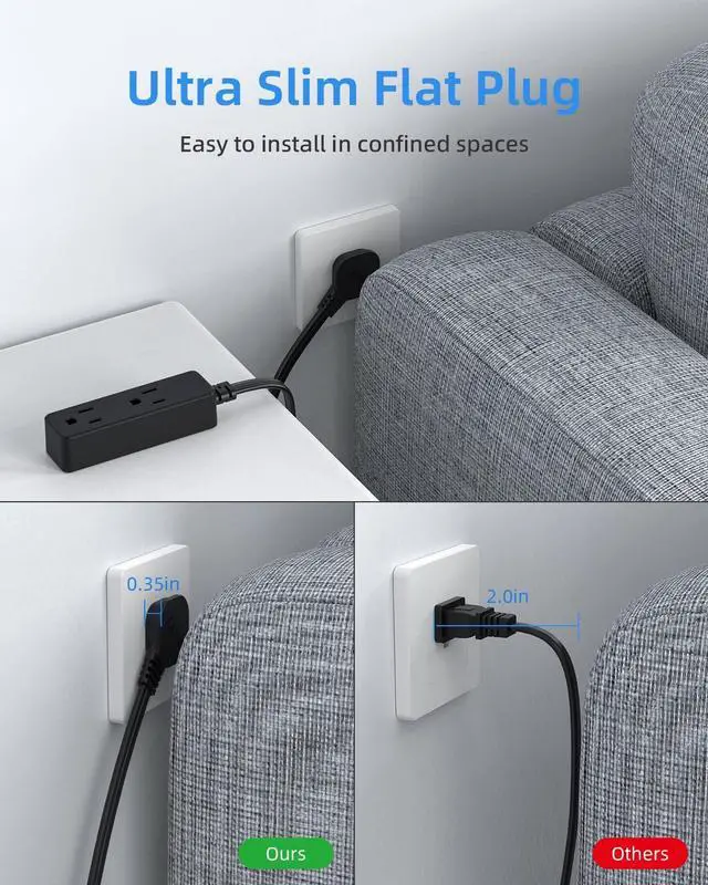 Alt view image 3 of 7 - Flat Plug Extension Cord with 3 Outlets - 3Ft Low Profile Indoor 3 Prong Grounded Power Strip for Home Office & Travel - 16 AWG 13A/1625W, Black