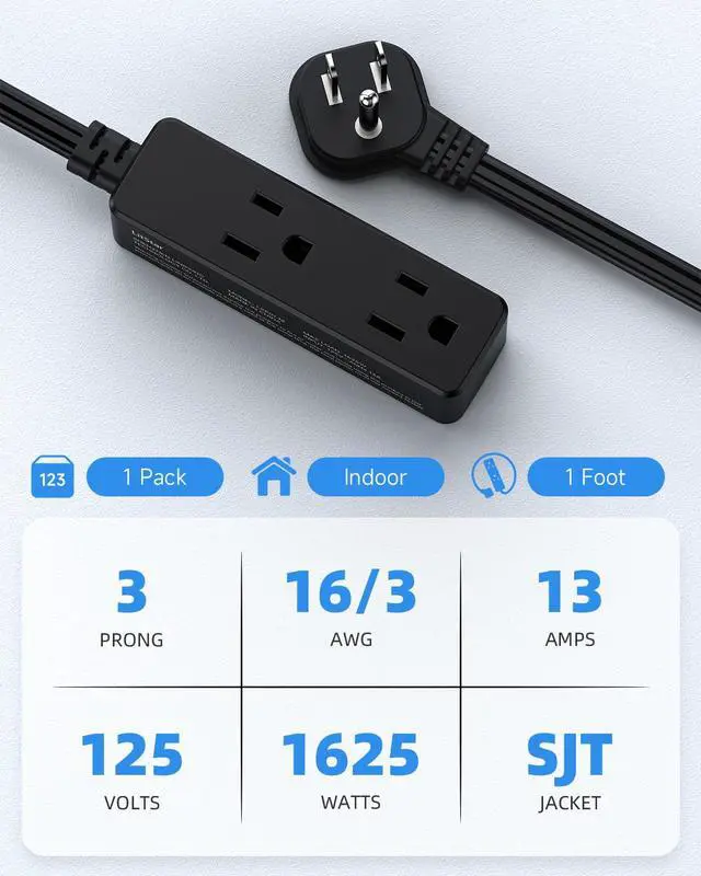 Alt view image 4 of 7 - Flat Plug Extension Cord with 3 Outlets - 1Ft Low Profile Indoor 3 Prong Grounded Power Strip for Home Office & Travel - 16 AWG 13A/1625W, Black