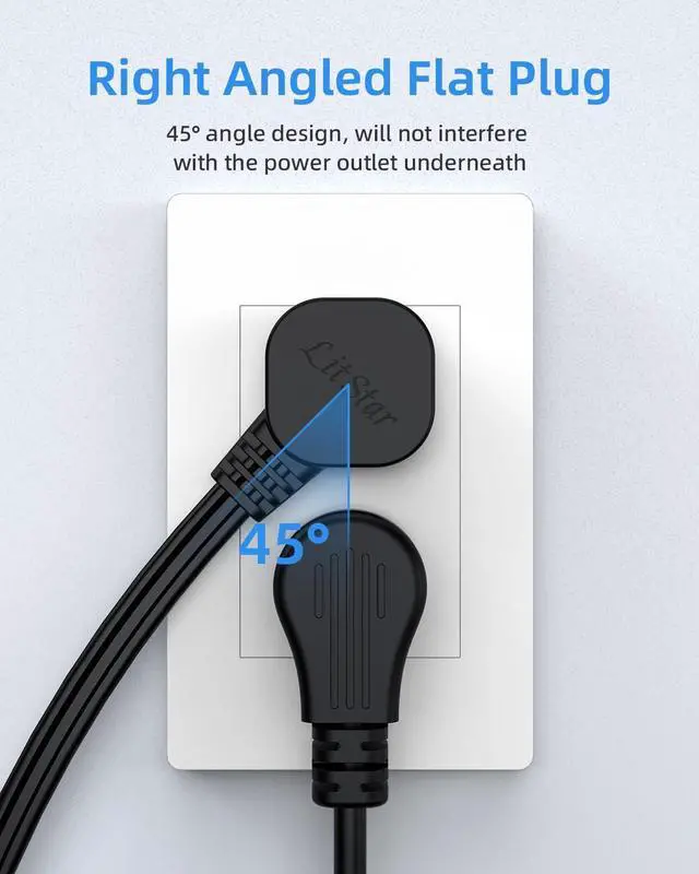 Alt view image 6 of 7 - Flat Plug Extension Cord with 3 Outlets - 3Ft Low Profile Indoor 3 Prong Grounded Power Strip for Home Office & Travel - 16 AWG 13A/1625W, Black