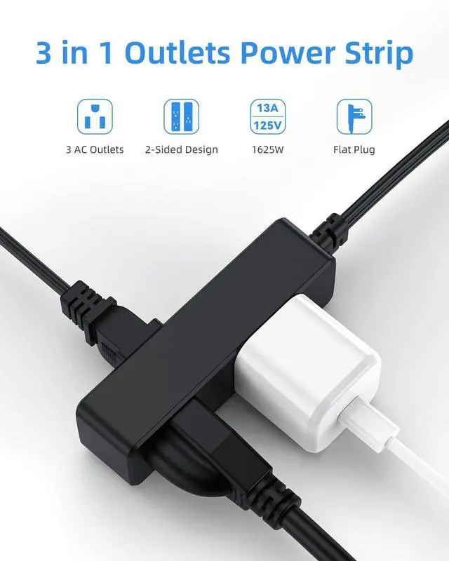 Alt view image 2 of 7 - Flat Plug Extension Cord with 3 Outlets - 3Ft Low Profile Indoor 3 Prong Grounded Power Strip for Home Office & Travel - 16 AWG 13A/1625W, Black