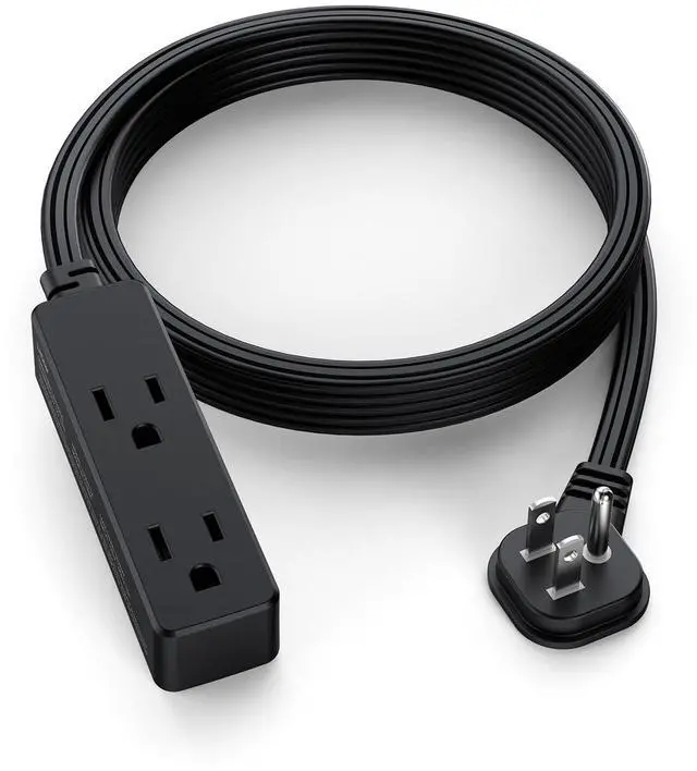Main image of Flat Plug Extension Cord with 3 Outlets - 6Ft Low Profile Indoor 3 Prong Grounded Power Strip for Home Office & Travel - 16 AWG 13A/1625W, Black