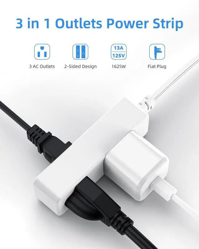Alt view image 2 of 7 - Flat Plug Extension Cord with 3 Outlets - 6 ft White Low Profile Indoor 3 Prong Grounded Power Strip for Home Office & Travel - 16/3 AWG, 13A/1625W