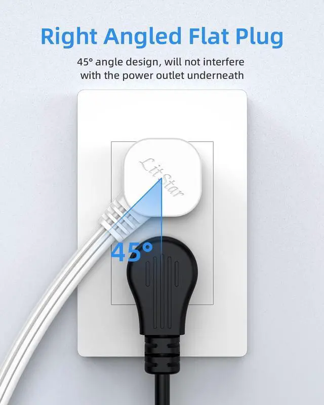 Alt view image 4 of 7 - Flat Plug Extension Cord with 3 Outlets - 6 ft White Low Profile Indoor 3 Prong Grounded Power Strip for Home Office & Travel - 16/3 AWG, 13A/1625W