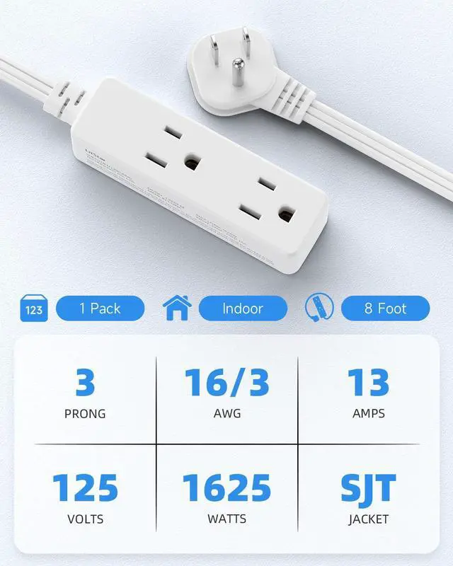 Alt view image 3 of 7 - Flat Plug Extension Cord with 3 Outlets - 8 ft White Low Profile Indoor 3 Prong Grounded Power Strip for Home Office & Travel - 16/3 AWG, 13A/1625W