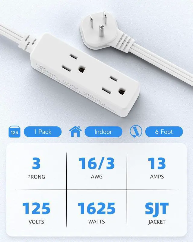 Alt view image 3 of 7 - Flat Plug Extension Cord with 3 Outlets - 6 ft White Low Profile Indoor 3 Prong Grounded Power Strip for Home Office & Travel - 16/3 AWG, 13A/1625W