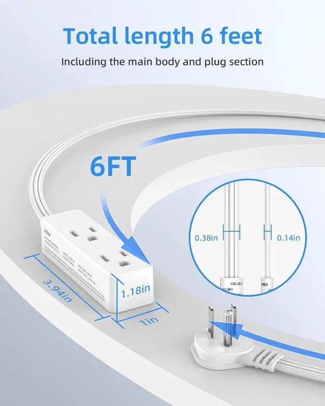 Alt view image 5 of 7 - Flat Plug Extension Cord with 3 Outlets - 6 ft White Low Profile Indoor 3 Prong Grounded Power Strip for Home Office & Travel - 16/3 AWG, 13A/1625W