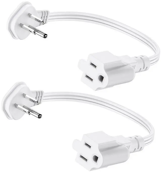 Main image of Flat Plug 1Ft Short Extension Cord, White 90-Degree Plug Low Profile Power Adapter, 3-Prong Indoor Grounded Small Extension Cord 16AWG 13A 1625W 2 Pack