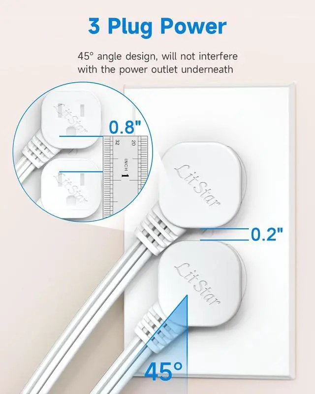 Alt view image 2 of 7 - Flat Plug 1Ft Short Extension Cord, White 90-Degree Plug Low Profile Power Adapter, 3-Prong Indoor Grounded Small Extension Cord 16AWG 13A 1625W 2 Pack