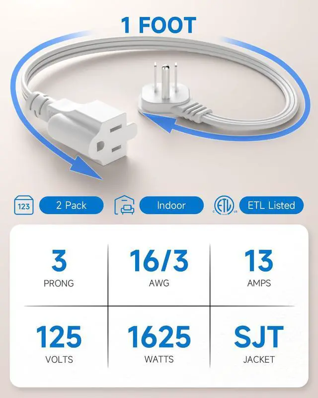 Alt view image 3 of 7 - Flat Plug 1Ft Short Extension Cord, White 90-Degree Plug Low Profile Power Adapter, 3-Prong Indoor Grounded Small Extension Cord 16AWG 13A 1625W 2 Pack