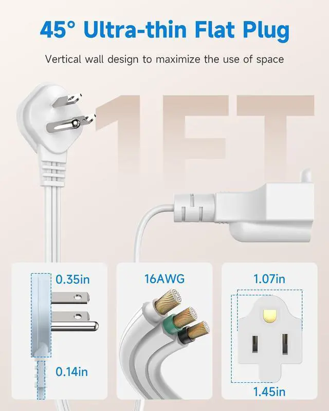Alt view image 7 of 7 - Flat Plug 1Ft Short Extension Cord, White 90-Degree Plug Low Profile Power Adapter, 3-Prong Indoor Grounded Small Extension Cord 16AWG 13A 1625W 2 Pack