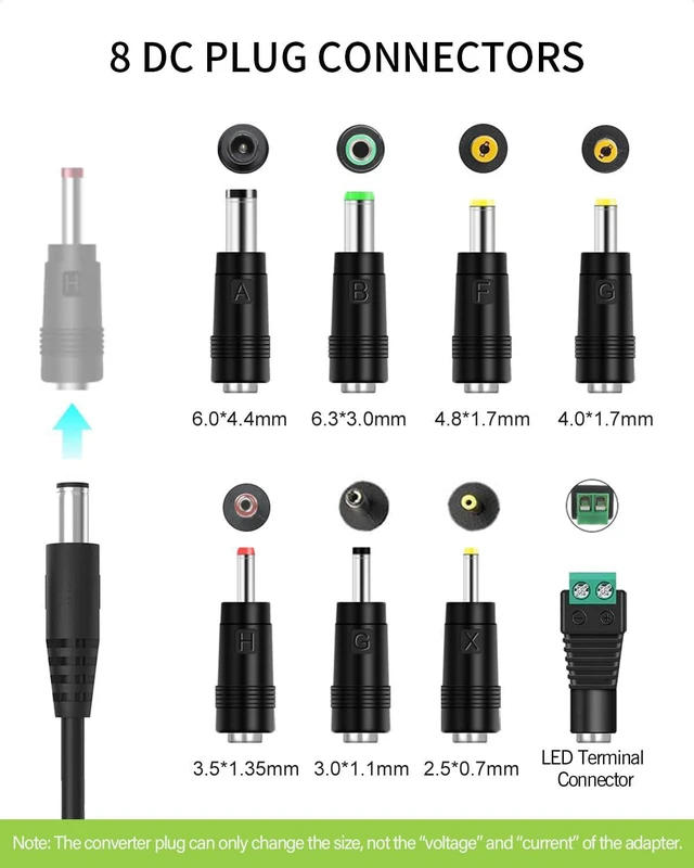Alt view image 6 of 7 - 12V 2A Power Supply AC Adapter Replacement with 8 Tips, Regulated 12 Volts 2000mA Cord Charger for LED Strip Light, CCTV Camera, GPS, Webcam, Router, BT Speaker DC12V Transformer (6ft)