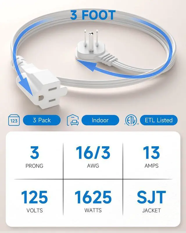 Alt view image 3 of 7 - Flat Plug 3Ft Short Extension Cord, White 90-Degree Plug Low Profile Power Adapter, 3-Prong Indoor Grounded Small Extension Cord 16AWG 13A 1625W 3 Pack
