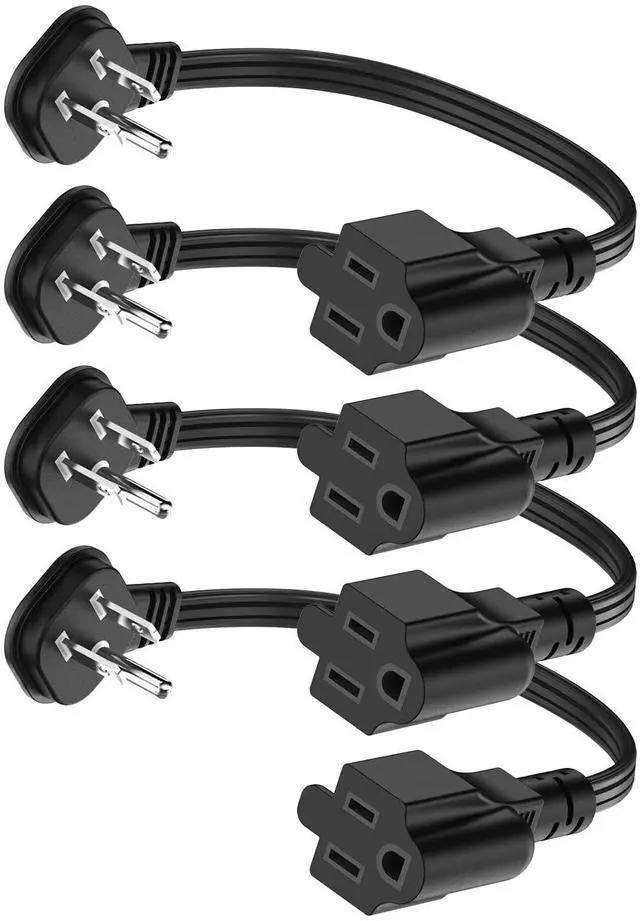 Main image of Flat Plug 1Ft Short Extension Cord, 90-Degree Plug Low Profile Power Adapter, 3-Prong Indoor Grounded Small Extension Cord Black 16AWG 13A 1625W 4 Pack
