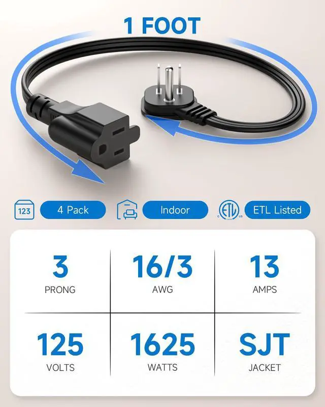 Alt view image 3 of 7 - Flat Plug 1Ft Short Extension Cord, 90-Degree Plug Low Profile Power Adapter, 3-Prong Indoor Grounded Small Extension Cord Black 16AWG 13A 1625W 4 Pack