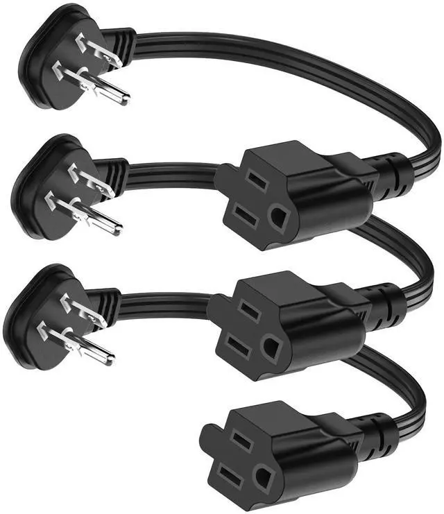 Main image of Flat Plug 1Ft Short Extension Cord, 90-Degree Plug Low Profile Power Adapter, 3-Prong Indoor Grounded Small Extension Cord Black 16AWG 13A 1625W 3 Pack