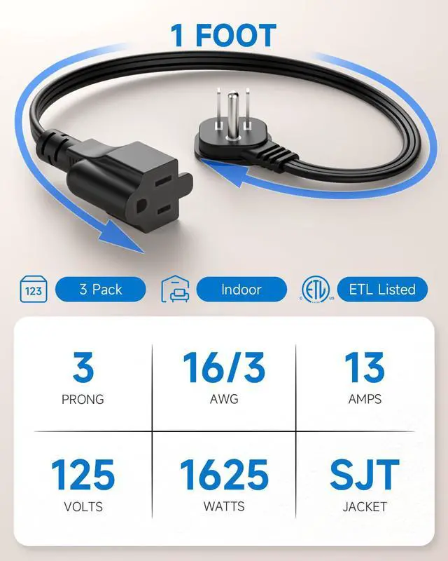 Alt view image 3 of 7 - Flat Plug 1Ft Short Extension Cord, 90-Degree Plug Low Profile Power Adapter, 3-Prong Indoor Grounded Small Extension Cord Black 16AWG 13A 1625W 3 Pack