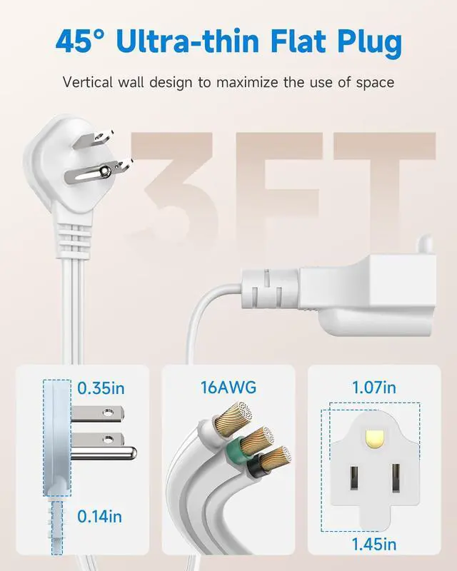 Alt view image 7 of 7 - Flat Plug 3Ft Short Extension Cord, White 90-Degree Plug Low Profile Power Adapter, 3-Prong Indoor Grounded Small Extension Cord 16AWG 13A 1625W 3 Pack