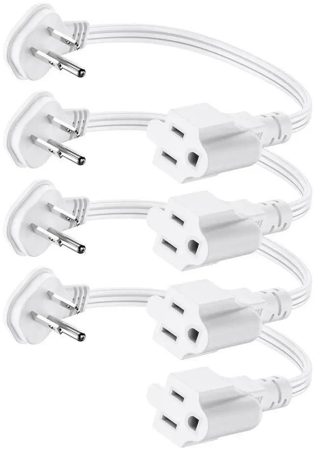 Main image of Flat Plug 1Ft Short Extension Cord, White 90-Degree Plug Low Profile Power Adapter, 3-Prong Indoor Grounded Small Extension Cord 16AWG 13A 1625W 4 Pack