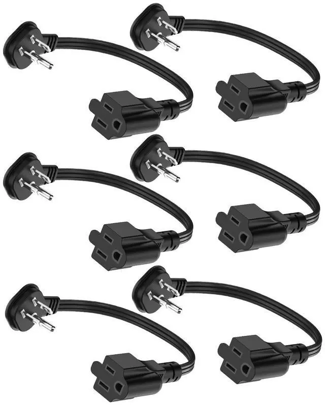 Main image of Flat Plug 1Ft Short Extension Cord, 90-Degree Plug Low Profile Power Adapter, 3-Prong Indoor Grounded Small Extension Cord Black 16AWG 13A 1625W 6 Pack