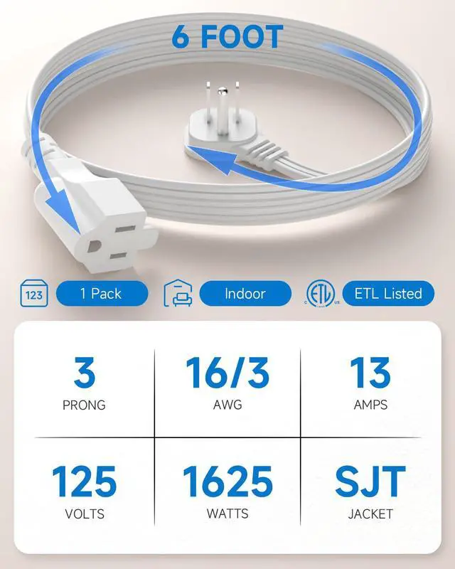 Alt view image 3 of 7 - 6Ft Flat Plug Short Extension Cord, White 90-Degree Plug Low Profile Power Adapter, 3-Prong Indoor Grounded Small Extension Cord 16AWG 13A 1625W 1 Pack
