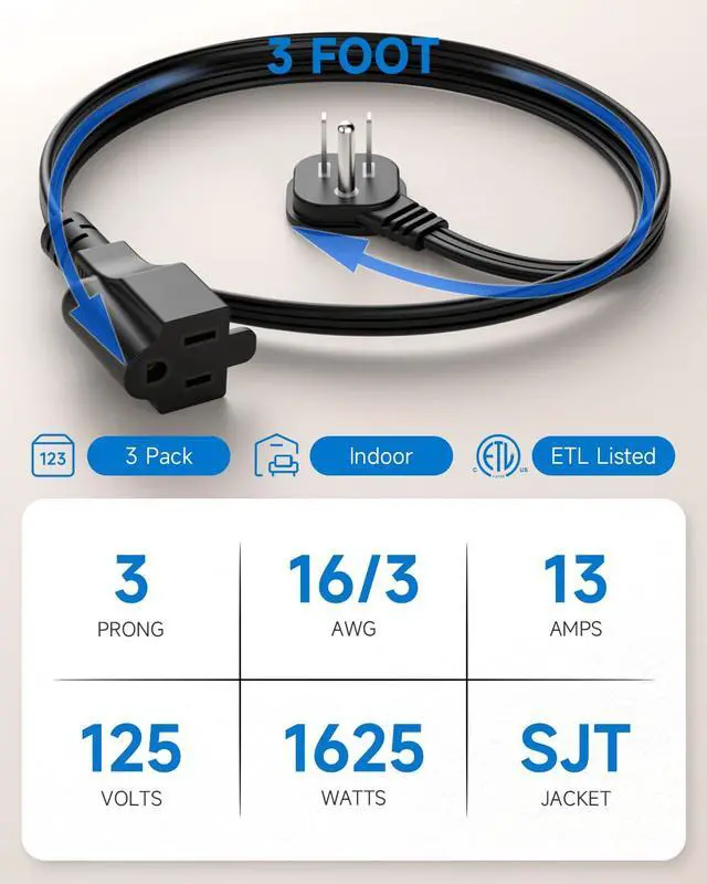 Alt view image 3 of 7 - Flat Plug 3Ft Short Extension Cord, 90-Degree Plug Low Profile Power Adapter, 3-Prong Indoor Grounded Small Extension Cord Black 16AWG 13A 1625W 3 Pack