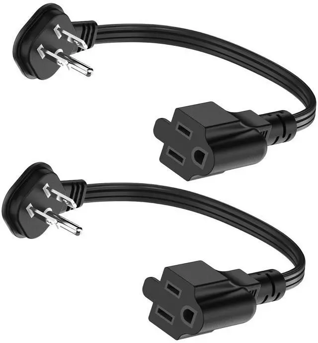 Main image of Flat Plug 1Ft Short Extension Cord, 90-Degree Plug Low Profile Power Adapter, 3-Prong Indoor Grounded Small Extension Cord Black 16AWG 13A 1625W 2 Pack