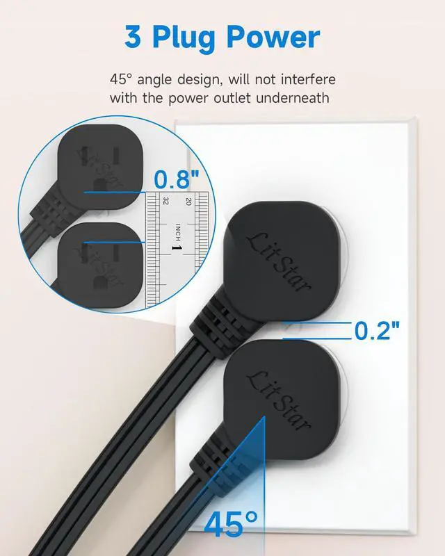 Alt view image 2 of 7 - Flat Plug 3Ft Short Extension Cord, 90-Degree Plug Low Profile Power Adapter, 3-Prong Indoor Grounded Small Extension Cord Black 16AWG 13A 1625W 2 Pack