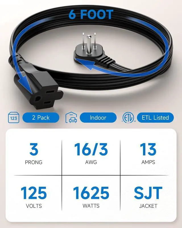 Alt view image 3 of 7 - 6Ft Flat Plug Short Extension Cord, 90-Degree Plug Low Profile Power Adapter, 3-Prong Indoor Grounded Small Extension Cord Black 16AWG 13A 1625W 2 Pack